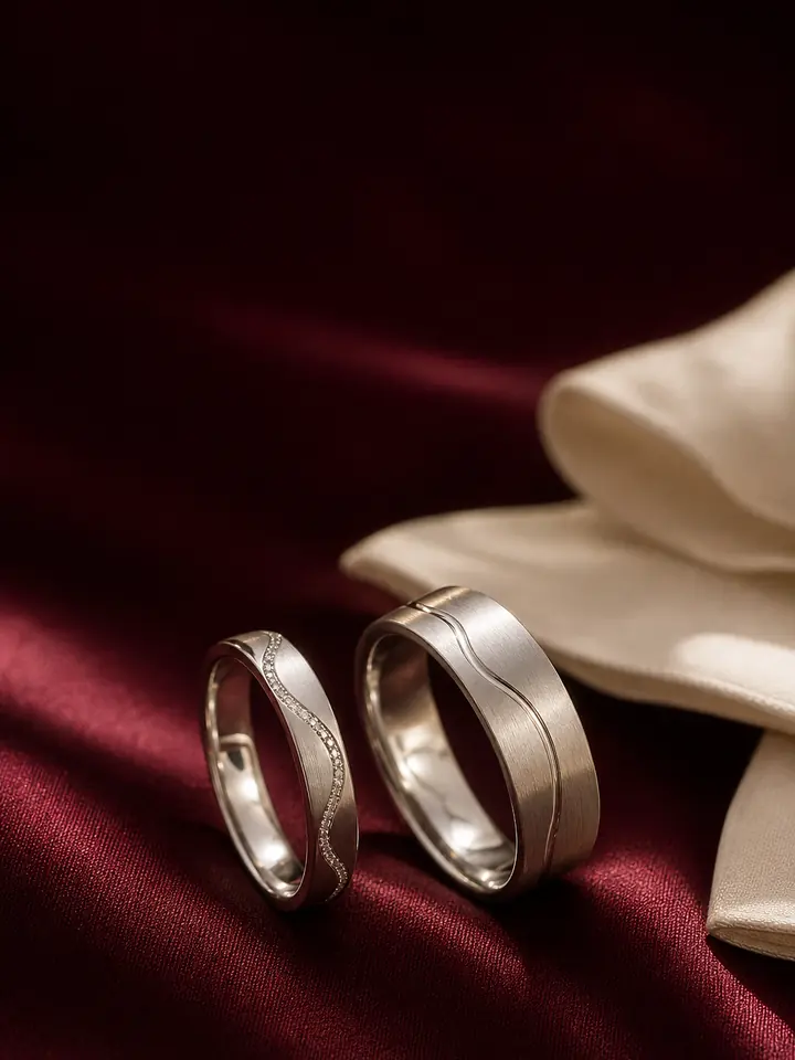 Sepasang cincin pasangan perak dengan detail berbeda